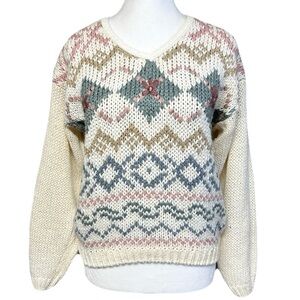 Vintage Hand Knit Geometric Cream Chunky Soft Sweater Cottagecore Small